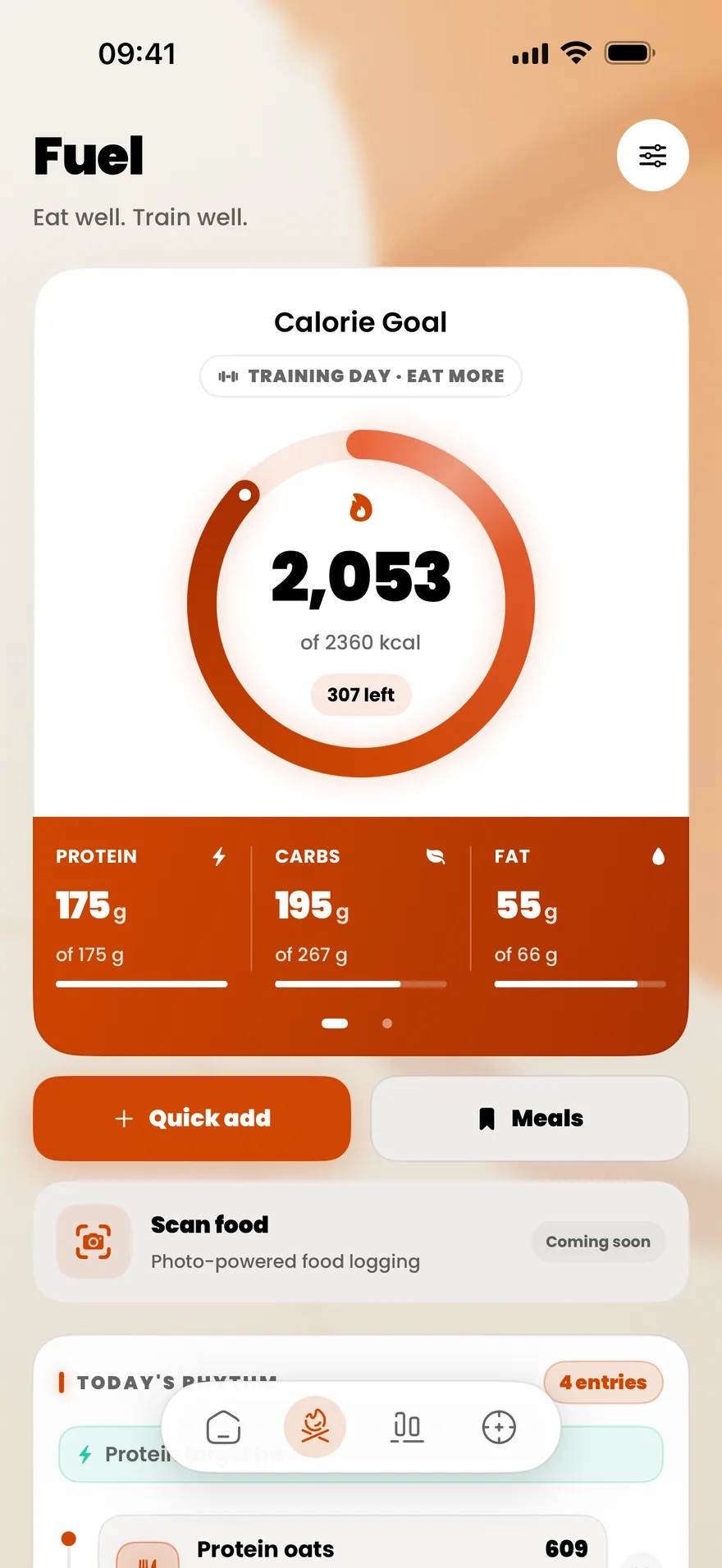 GymLock Fuel screen: 2,053 of 2,360 calories with protein, carbs and fat