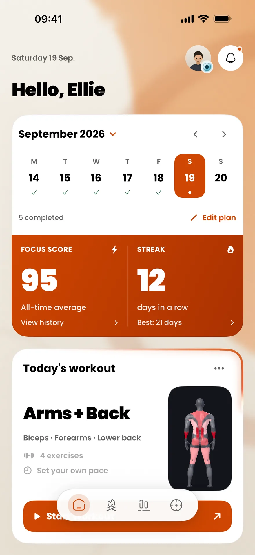 GymLock home screen: a 12-day streak, a focus score of 95, and today's workout