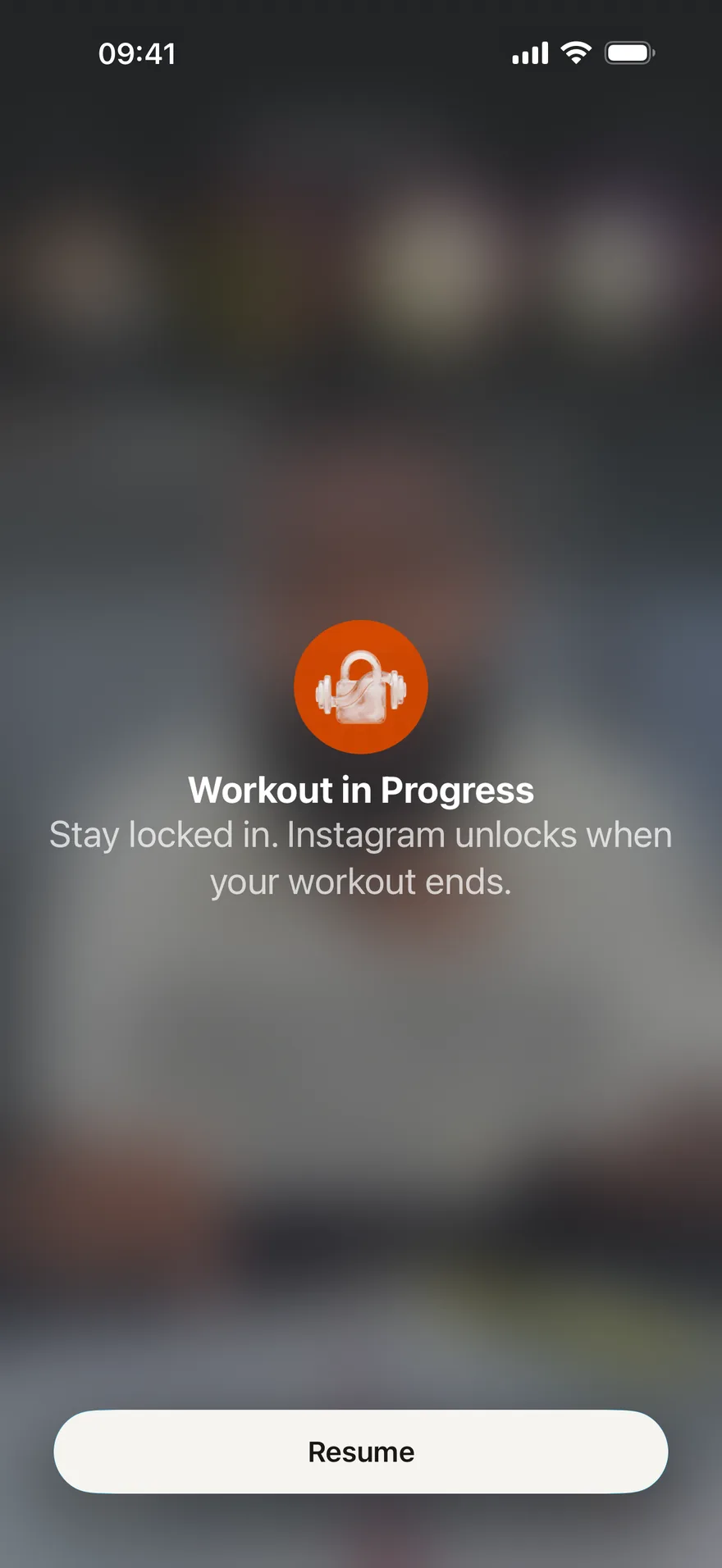 The GymLock shield: Workout in Progress, with Instagram locked until the workout ends