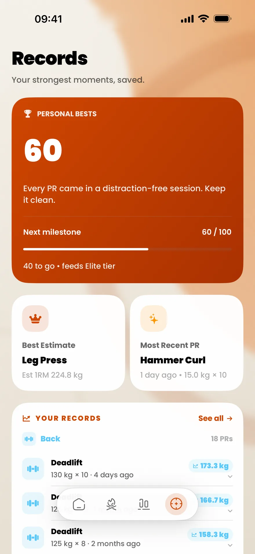 GymLock Records screen: 60 personal bests and the next milestone