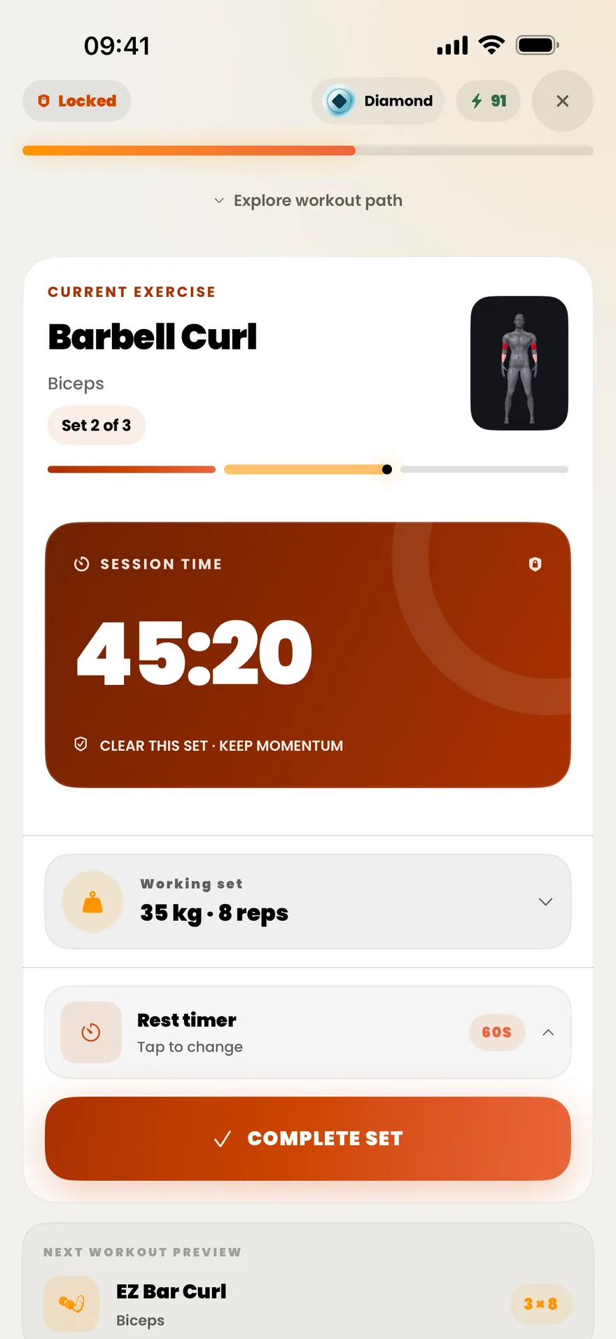 GymLock live workout screen: Barbell Curl, set 3 of 3, session timer running